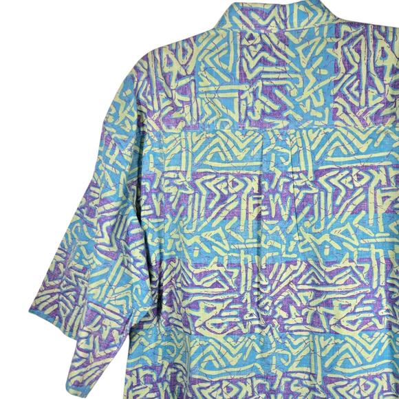 VINTAGE Bugle Boy Shirt Mens XL Blue Purple Abstract Geometric Button Front 90s - Picture 9 of 12